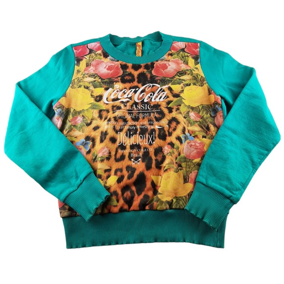 I-conic Tops - Vintage I-Conic Women's Blue Mixed Print Coca Cola Logo Crewneck Sweatshirt S
